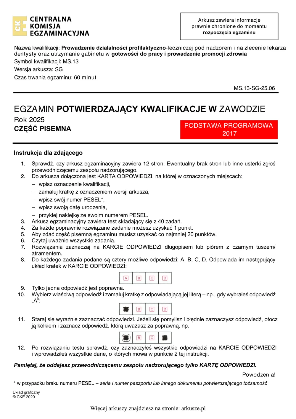 Pierwsza strona arkusza egzaminacyjnego, egzamin elektryk, część pisemna